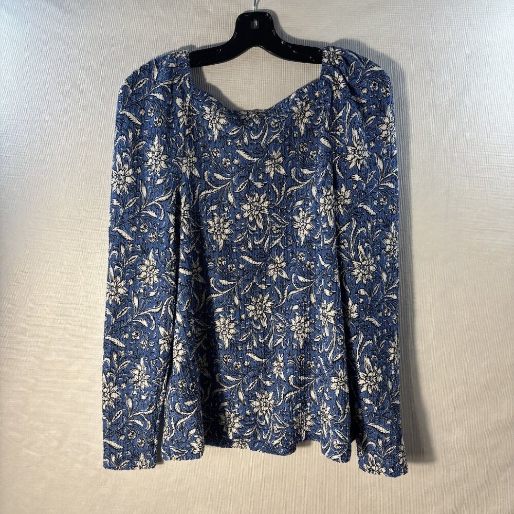 Floral Blue & White Long Sleeve Square Neck Top By Loft Size L - Picture 3 of 8